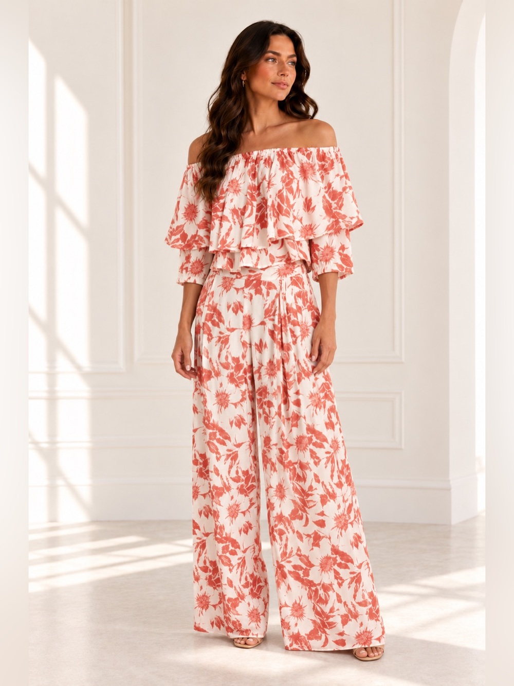 Wide Leg Floral Jumpsuit - Coral Floral